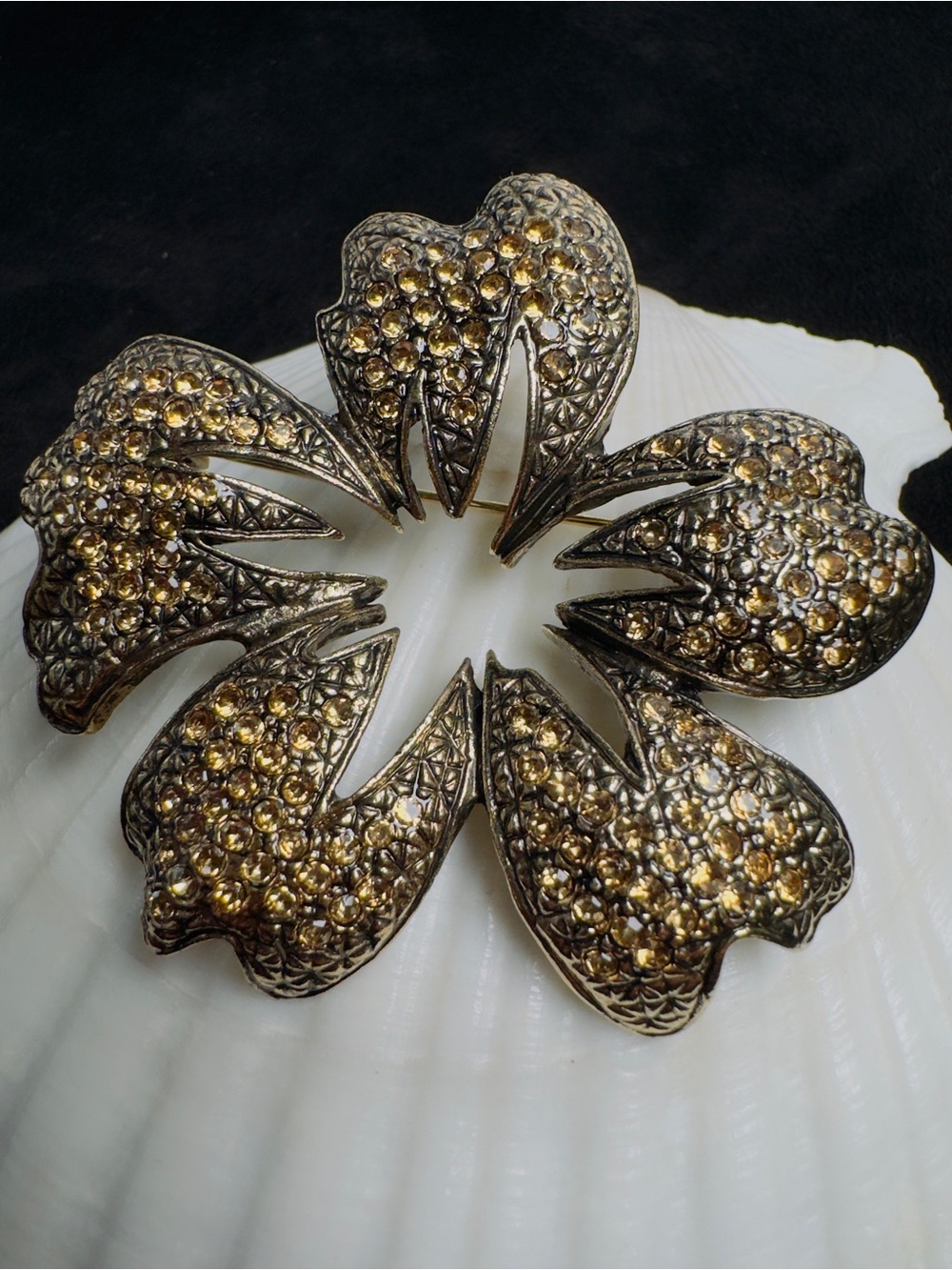 Vintage Gold Plated Crystal Floral Statement Brooc